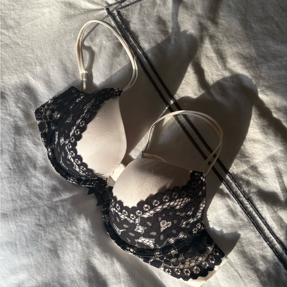 Victoria's Secret Black and Cream Demi Lace Bra